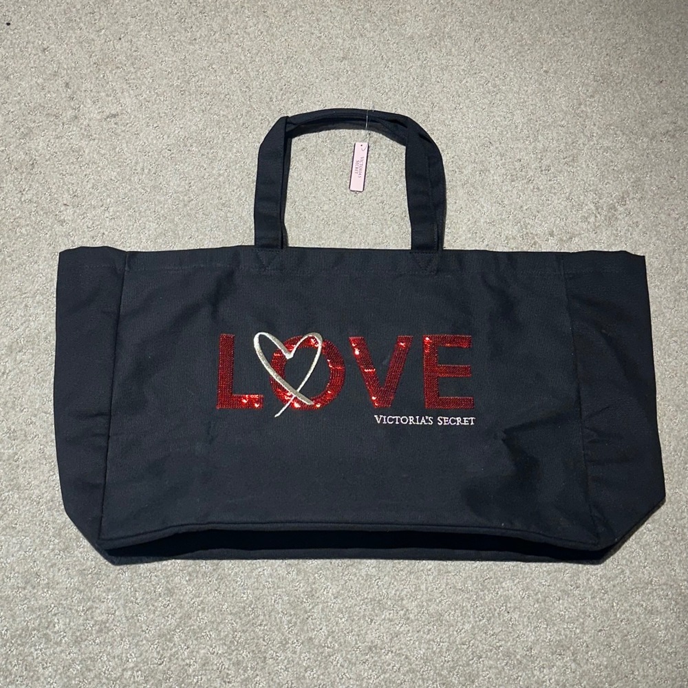 Victorias Secret Black Canvas LOVE Sequin Oversized Tote Bag NWT